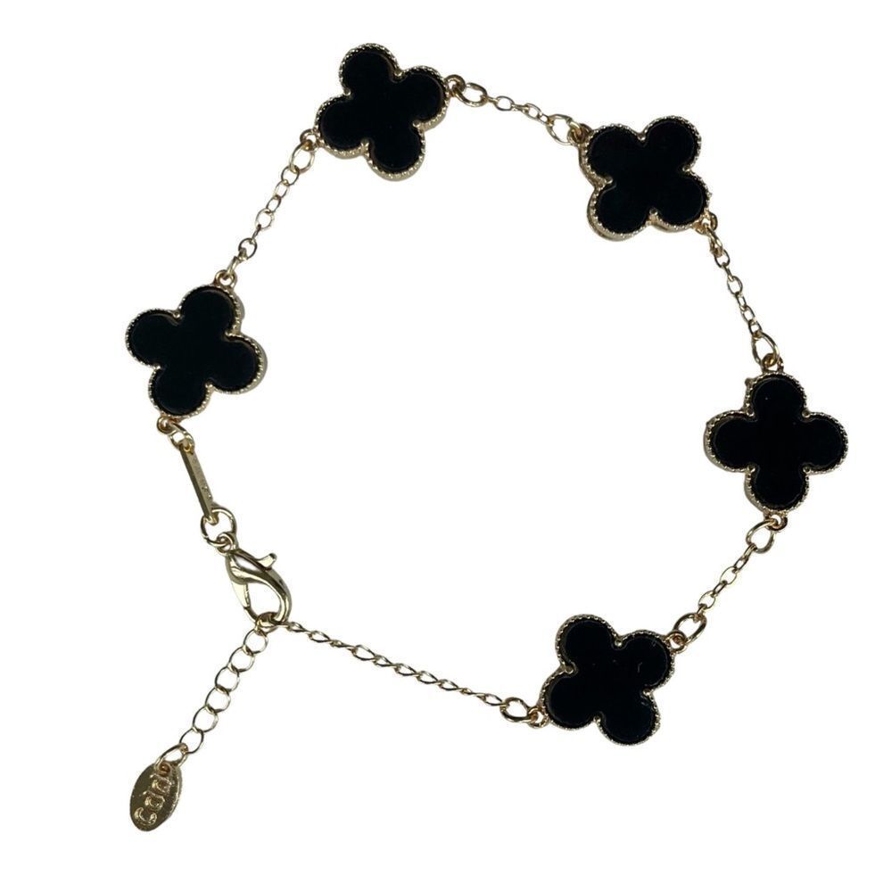 Four Leaf Clover/Black Flower & Gold Bracelet • NWOT